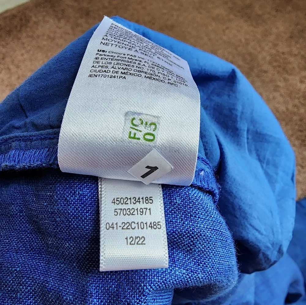 Chico's Linen Button Hem Crop Pants Women's 2 Blue Pull On Relaxed Fit W…